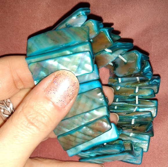 Turquoise Teal Blue Shell Bracelet Big Chunky Cuff Thick Stretch Mother of Pearl - Picture 2 of 7